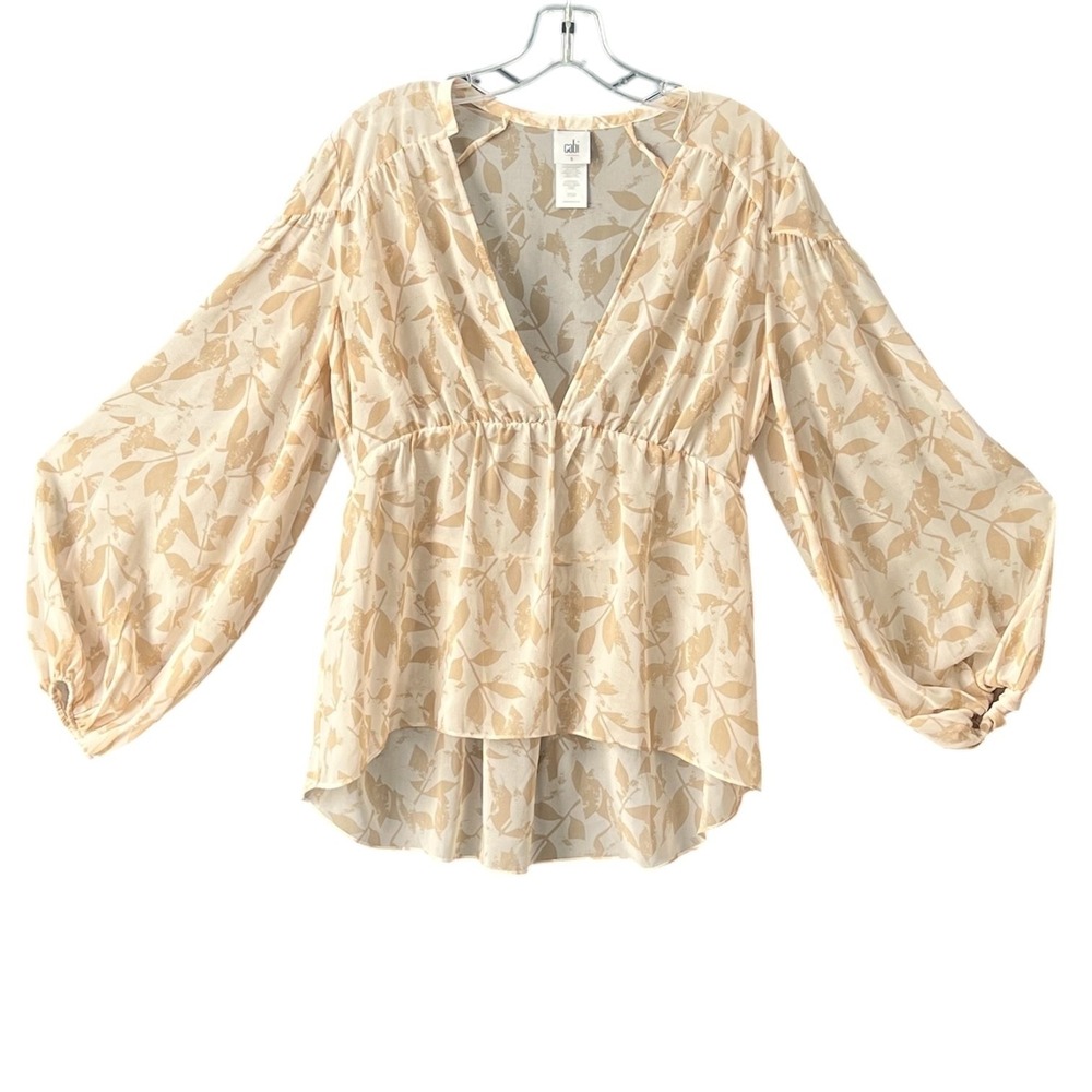 Cabi Leaf Print Sheer Blouse Small Boho Cottagecore Bishop‎ Sleeve Romantic